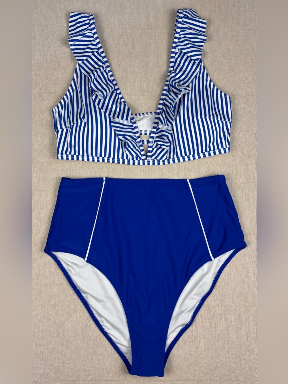 CUPSHE Blue Stripe Ruffle High Waist Bikini Set NWT XXL Beach Swimwear